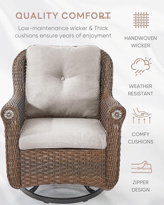Patio Chairs Outdoor Swivel Glider - Set of 2 High Back Outside Brown Wicker Rattan Rocking Chair with Thick Cushion for Porch Apartment Deck Yard Poolside Garden - Beige