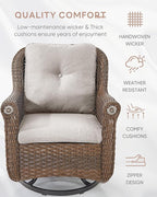 Patio Chairs Outdoor Swivel Glider - Set of 2 High Back Outside Brown Wicker Rattan Rocking Chair with Thick Cushion for Porch Apartment Deck Yard Poolside Garden - Beige
