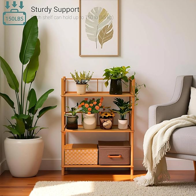 GOGOGO Expandable Bamboo Bookshelf - No Assembly & Modular, Bamboo 3-Tier Shelf & Ladder Shelf, Eco-Friendly Small Bookcase for Home Office- Useful Home & Housewarming Gift(Natural, 11.8" H(3 Tier))