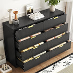 3-Piece Modern Bedroom Furniture Set, Wide 8-Drawer Dresser & 3-Drawer Nightstands Set of 2, Natural Wood Dresser and Nightstand Sets for Bedroom, Hallway, Black