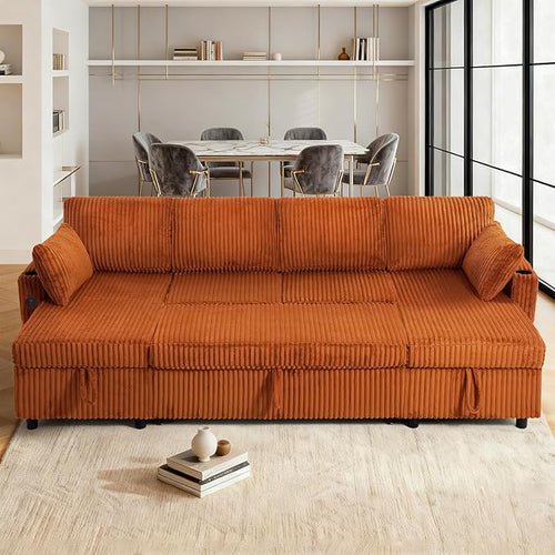 110" Corduroy Pull Out Sofa Bed w/Adjustable Backrests, Sectional U-Shape Sleeper Sofa w/Storage Chaise, Convertible Couch Bed w/USB Charging Port & Cup Holders for Living Room, House, Orange