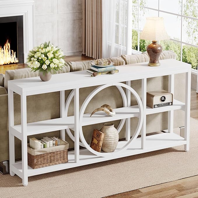Tribesigns 70.9 Inch Extra Long Console Table for Entryway, Sofa Table Behind Couch with 3 Tier Wood Storage Shelves Industrial Metal Frame for Living Room Hallway Entryway, Pure White