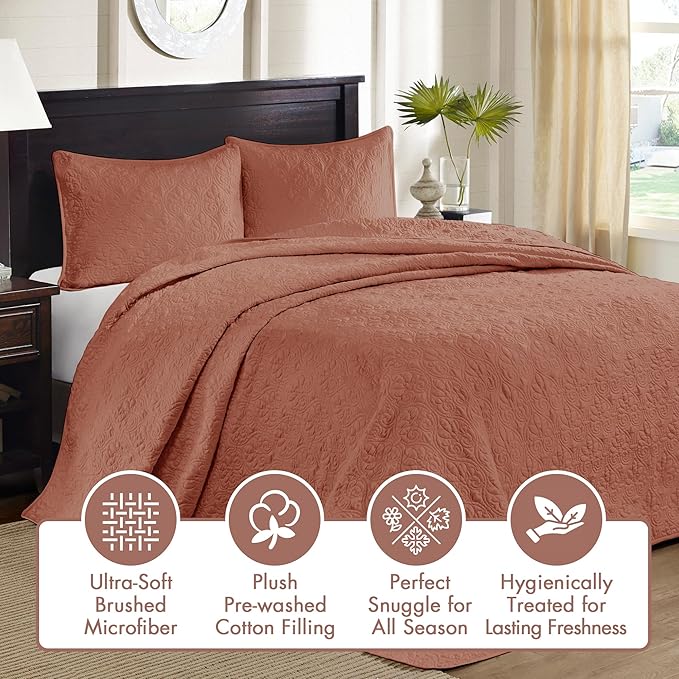 Madison Park Bedspread Set Reversible Damask Quilted Oversized Coverlet, Cotton-Filled Quilts Oversized, All Season, Lofty & Warm Bedspread, Quebec, Clay Red 3 Piece