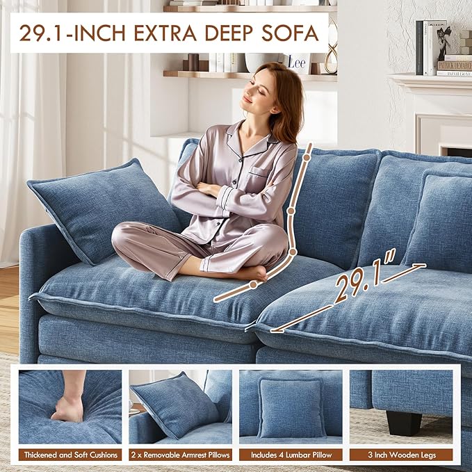 WorthFurni 146” Oversized Modular Sectional Sofa, U Shaped Cloud Couch Set, 4-Seater Comfy Chenille Couches with 2 Movable Ottomans, DIY Combination for Living Room (Blue)