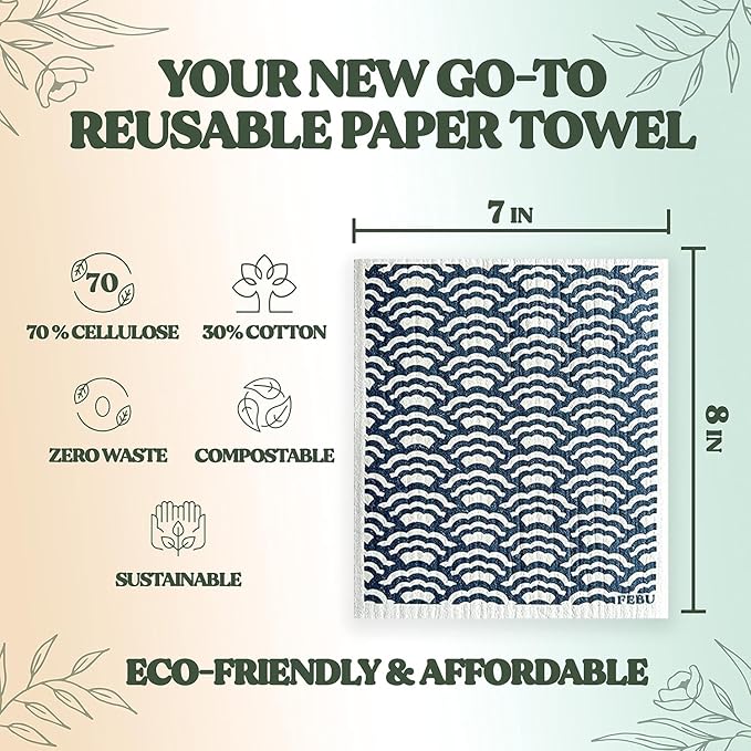 FEBU Swedish Dishcloths for Kitchen | 5 Pack Floral Reusable Paper Towels Washable | Swedish Dish Towels | Non-Scratch Cellulose Sponge Cloths | No Odor, Biodegradable Cleaning Cloths