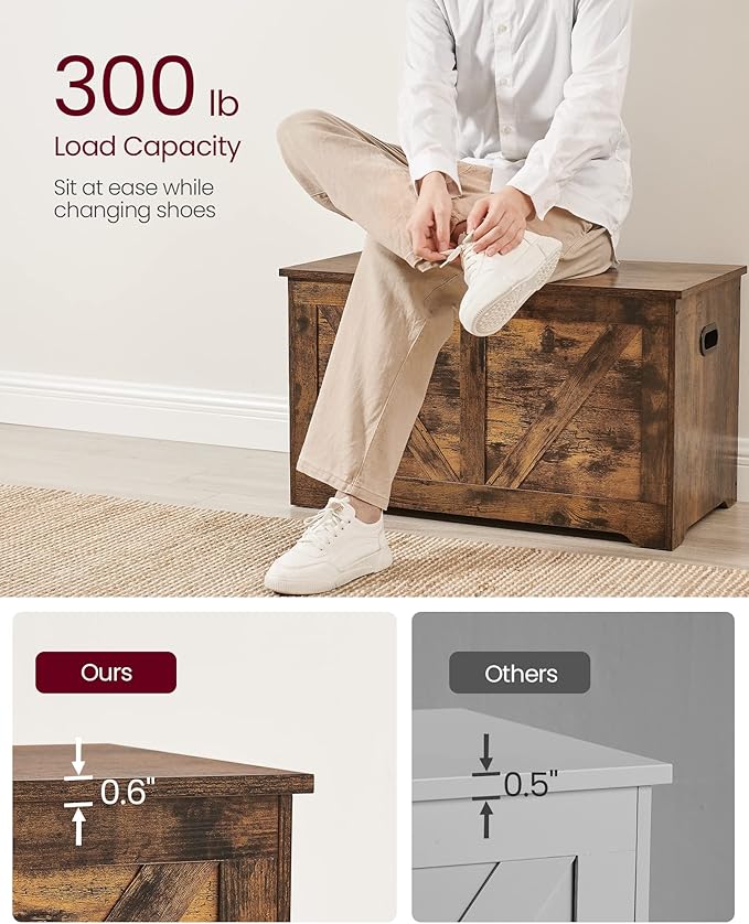 VASAGLE Storage Chest, Storage Trunk with 2 Safety Hinges, Storage Bench, Shoe Bench, Farmhouse Style, 15.7 x 31.5 x 18.1 Inches, for Entryway, Bedroom, Living Room, Rustic Brown ULSB062T01