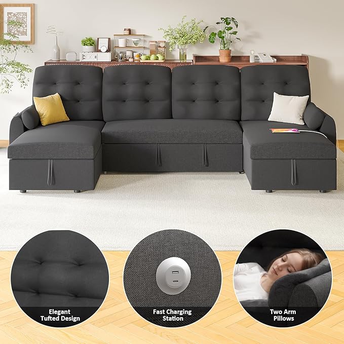 Ucloveria Sleeper Sofa Bed, 112" U Shaped Sectional Sofa Couches for Living Room, Pull Out Couch Bed with Dual Reversible Storage Chaise | Charging Station | Side Pockets | Removable Backrest