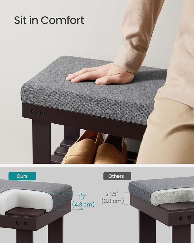 SONGMICS Bamboo Shoe Bench, 3-Tier Shoe Rack Organizer for Entryway, Living Room, Bench Seat Holds Up to 300 lb, 11.9 x 20.5 x 19.2 Inches, Rustic Walnut and Slate Gray ULBS504M01