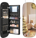SONGMICS Jewelry Organizer, LED Jewelry Cabinet Wall/Door Mounted, Lockable Rounded Wide Mirror with Storage, Christmas Gift 3.9 x 16.5 x 42.5 Inches, Black Surface with Black Lining