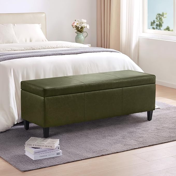 HUIMO Faux Leather Storage Ottoman Bench 50.3 Inch Extra Long PU Upholstered Bedroom Bench with Large Storage Space for The Living Room, Entryway, Bedroom Hold Up to 300lbs (Green)