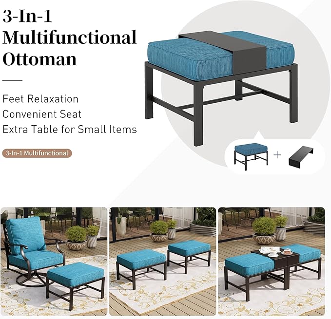 7 Piece Metal Outdoor Patio Furniture Sets, Patio Conversation Sets 3-Seater Sofa, 2 Rocking Chair, 2 Ottomans with 5.75" Thick Cushion, All-Weather Frame Backyard Furniture, Blue-2