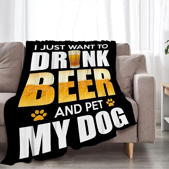 Funny Beer and Dog Throw Blanket - Gifts and Decor for Men Women Adults - Soft Warm Cozy Fleece for Couch Sofa Bed 80"x60"