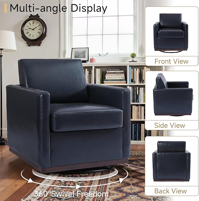 Pia Ricco Single Swivel Barrel Chair, Modern Accent Armchair in Easy-Clean PU Leather, Mid-Century Style for Living Room or Home Office, Navy