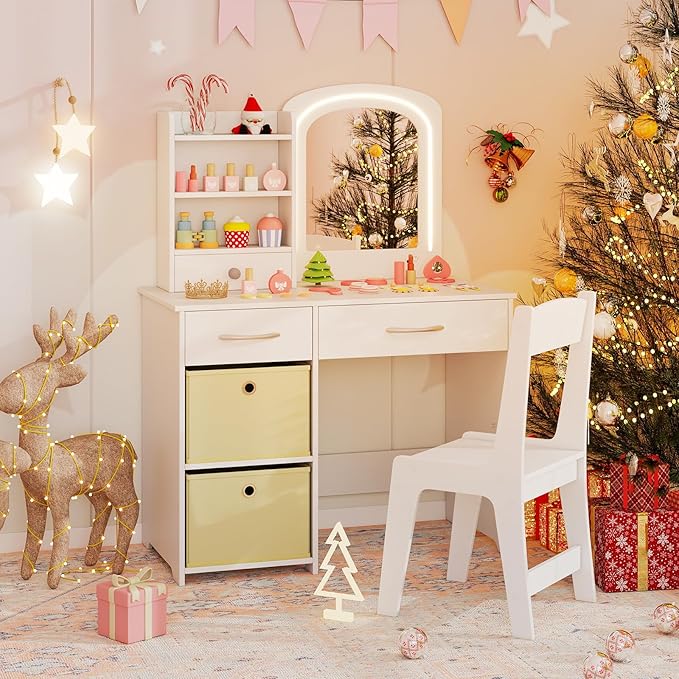 Costzon Kids Vanity with Lights, Princess Makeup Dressing Desk with Mirror and Stool, Storage Drawers, Shelves, Vanity Table and Chair Set for Little Girls (White)