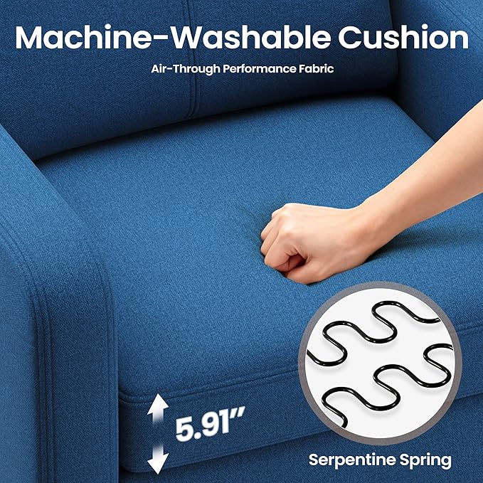 Accent Chair for Living Room Modern Linen Upholstered Armchair Side Wooden Fabric Sofa Chair with Foldable Table 2 Side Pockets Comfy Reading Chair for Bedroom