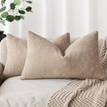 Foindtower Set of 2 Textured Chenille Throw Decorative Pillow Covers Square Accent Solid Cushion Cover Neutral Farmhouse Lumbar Pillow Case for Couch Sofa Bedroom Living Room 12x24 Inch,Cream Camel
