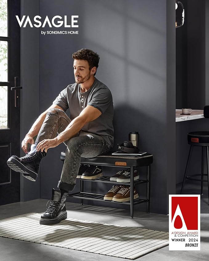 VASAGLE EKHO Collection - Shoe Rack Bench, Storage Bench for Entryway, Synthetic Leather with Stitching, Mid-Century Modern, Loads 300 lb, 11.8 x 31.5 x 19.7 Inches, Ink Black ULSB054B01