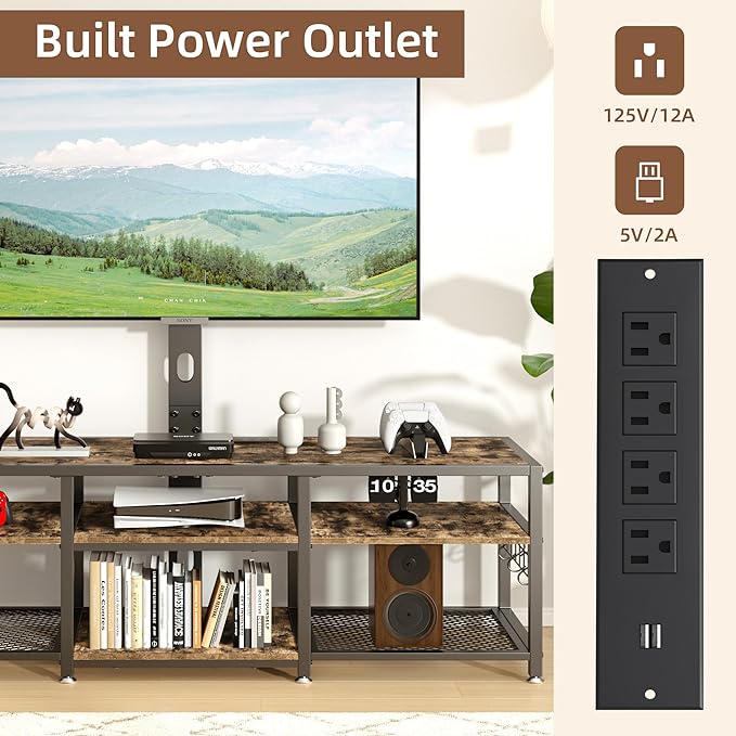 VECELO 71" TV Stand with Mount and Power Outlets, Entertainment Center with Open Storage Shelves, Height Adjustable Mount up to 80”, Wooden Table and Metal Frame for Living Room, Rustic Brown