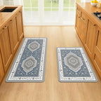 ArtyCozy 2 Piece Boho Kitchen Rug Set, Non-Slip Super Absorbent Kitchen Mats for Floor with Rubber Backing, Stain Resistant Runner for Hallway Laundry Holiday Decor, Blue, 20" × 32'' Plus 20'' × 47''