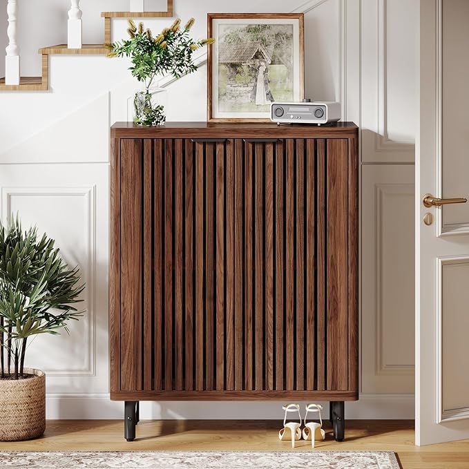 Tribesigns 6-Tier Farmhouse Shoe Cabinet with Shutter Doors, Wooden Shoe Organizer Rack with Adjustable Shelves, Modern Large Hidden Storage Furniture for Entryway, Hallway (Black&Brown)