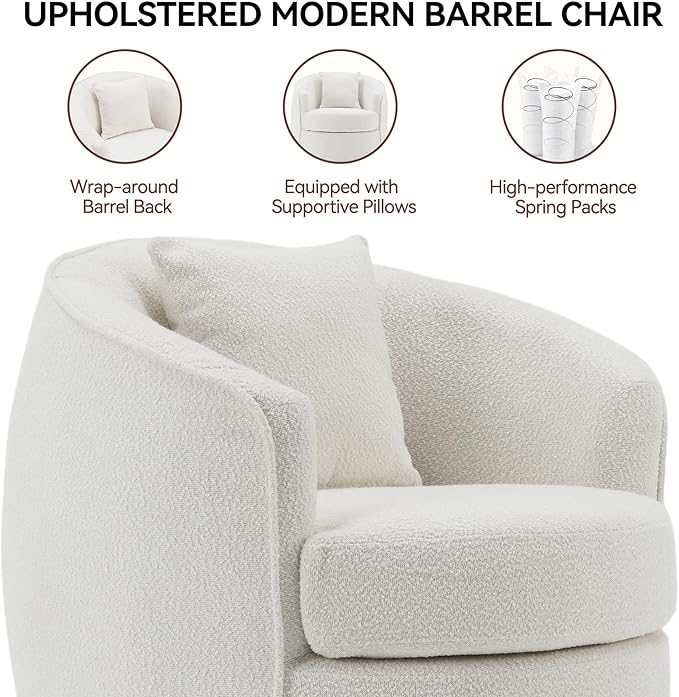 Swivel Accent Chair, Modern Upholstered Boucle Barrel Arm Chairs with Pillow for Living Room, 360 Degree Round Swivel Sherpa Armchair with Round Base for Bedroom Club (1, Cream)