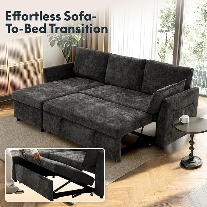 FLEXISPOT XB5 78" Pull Out Couch Bed with Storage Chaise, 2-in-1 Convertible Sofa Bed with USB Charging Ports, 3-Seater Sectional Sofa Couch for Living Room Apartment, Easy to Assemble(Dark Gray)