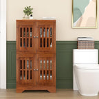 PARTPHONER Bathroom Floor Storage Cabinet with Cabinet Lights, Modern Storage Cabinet with 4 Doors and Adjustable Shelves, Buffer Hinges, Walnut Pantry Cabinet for Living Room & Kitchen