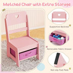 Costzon Kids Vanity, Girls Vanity Set with Lighted Mirror, Bookshelf, Jewelry Storage, Toddler Makeup Vanity Desk Dressing Table, Wooden Kids Vanity Table and Chair Set (Pink)