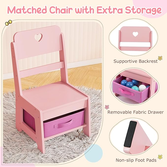 Costzon Kids Vanity, Girls Vanity Set with Lighted Mirror, Bookshelf, Jewelry Storage, Toddler Makeup Vanity Desk Dressing Table, Wooden Kids Vanity Table and Chair Set (Pink)