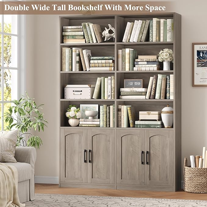 FACBOTALL Bookshelf and Bookcase with Doors, 6 Tier Double Wide Large Bookshelves, Open Display Shelves, 73'' Tall Bookshelf with Storage Cabinets for Home Office, Living Room, Library, Wash Gray