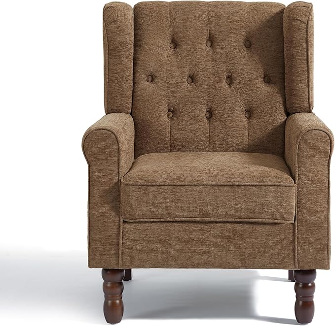 UIXE High Back Accent Chairs Set of 2, Fabric Upholstered Armchair Retro Wingback Arm Chair for Living Room, Comfy Single Sofa Bedroom Retro Reading Seat with Solid Wood Legs - Brown