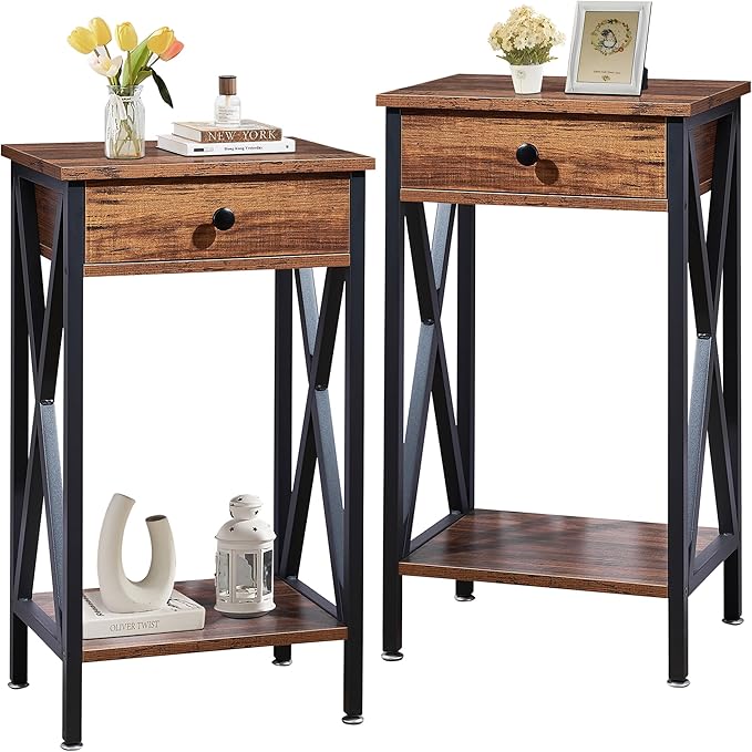 VECELO Tall Nightstand Set of 2,27.6 inch Wooden End Table with Metal X-Frame,Side Table with Drawer and Storage Shelf for Living Room Bedroom Entryway Small Spaces