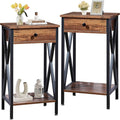 VECELO Tall Nightstand Set of 2,27.6 inch Wooden End Table with Metal X-Frame,Side Table with Drawer and Storage Shelf for Living Room Bedroom Entryway Small Spaces