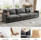 KKL Modular Sectional Sofa Couches for Living Room, 113" Sofa Couch with Adjustable Backrest, Chenille 3 Seater Sofa Couch with Comfy Cushion, Chenille, Grey