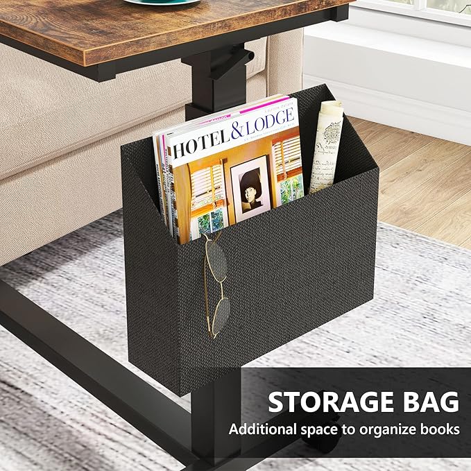 Tribesigns Height Adjustable C Shaped End Table with Wheels and Side Pocket, Mobile Sofa Snack Table with Tiltable Drawing Board, Laptop Side Tray Table for Couch Bed (Rustic Brown)