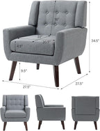 Accent Chair, Mid-Century Modern Fabric Chairs with Arms for Living Room, Comfy Upholstered Club Single Sofa Armchair for Bedroom Waiting Room with Solid Wood Frame (Fabric Grey, Set of 1)