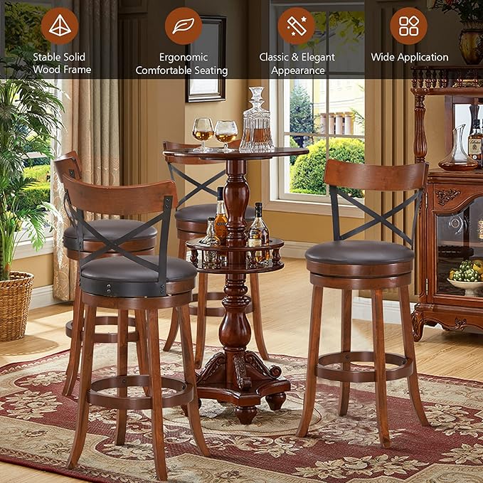 COSTWAY Bar Stool Set of 2, 360-Degree Swivel Solid Wood Stools with Soft Cushion & Backrest, 29.5”Height Kitchen Counter Bar Stools for Kitchen Island, Pub, and Restaurant (2, 29in)