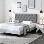 Tufted Upholstered Headboard Queen Size, Solid Wood Head Board with Durable Metal Legs, Linen Fabric Padded Headboard, Adjustable Height from 37” to 51”, Modern Button Design Head Board, Grey
