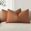Foindtower Set of 2 Decorative Linen Check Throw Pillow Covers Neutral Farmhouse Lumbar Cushion Covers Modern Boho Home Decor for Sofa Chair Couch Bedroom Living Room,12×24 Inch,Orange