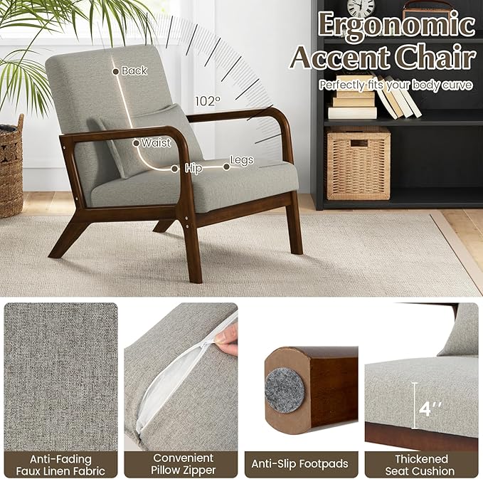 KOMFOTT Mid-Century Modern Accent Chair, Indoor Living Room Leisure Chair with Cushioned Seat & Back, Upholstered Armchair with Rubber Wood Frame & Lumbar Pillow, Lounge Chair for Bedroom, Grey