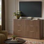 win2win 6 Drawer Dresser, Mid Century Modern Dresser with Storage, 47" Wide Fluted Chest of Drawers with Faux Marble Top, Dressers TV Stand, Drawers Organizer for Bedroom, Living Room, Hallway Walnut