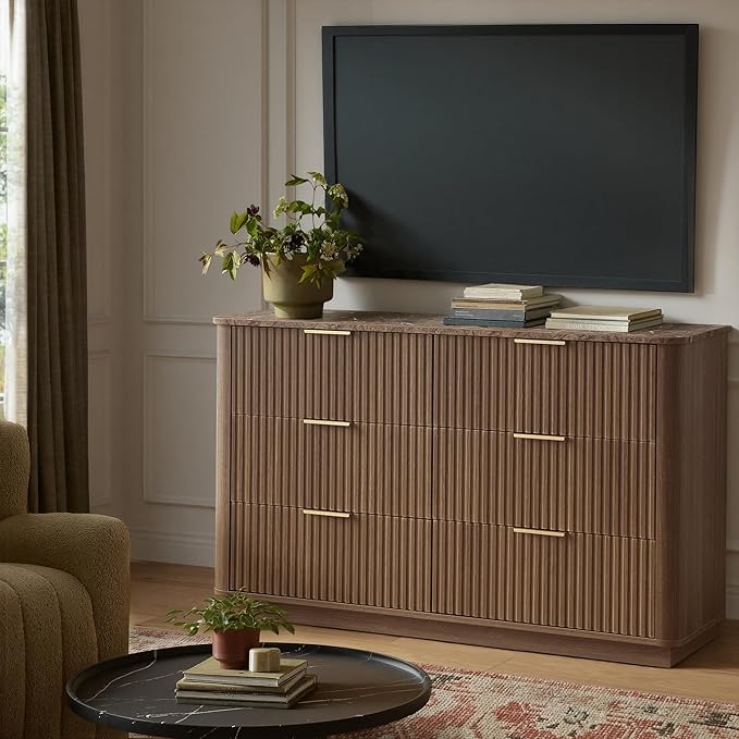 win2win 6 Drawer Dresser, Mid Century Modern Dresser with Storage, 47" Wide Fluted Chest of Drawers with Faux Marble Top, Dressers TV Stand, Drawers Organizer for Bedroom, Living Room, Hallway Walnut