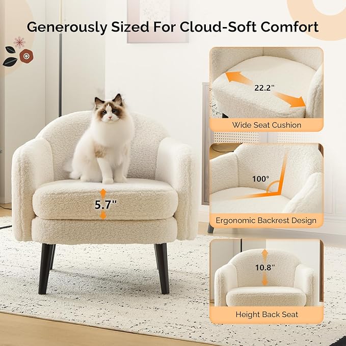 VINGLI 30.3" Wide Modern Barrel Accent Armchairs Set of 2 with Track Armrest, Solid Wooden Legs, Comfy Upholstered Club Chairs, Single Home Sofa for Living Room, Bedroom, Reading,Teddy Fleece White