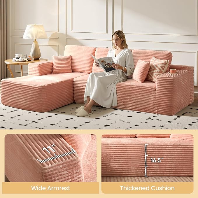 104" Cloud Sectional Couch with Chaise, Boneless L-Shaped Cloud Couch with Deep Seat, Soft Plush Modern Minimalist Sofa, Assembly Free Comfy Sofa for Office Living Room Apartment(Pink, Left Chaise)