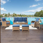 HUMMUH 3-Piece Swivel Rocking Rattan Chair Outdoor, Patio Bistro Furniture Conversation Set, Cushioned Wicker Chair with Glass Coffee Table(Yellow,Blue)