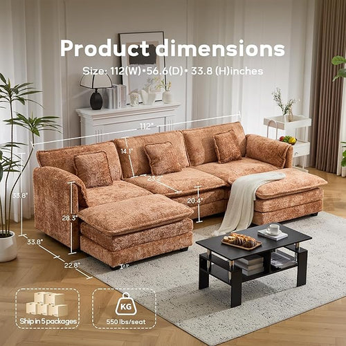 112" Modular Sectional Sofa with Movable Ottoman, L Shaped Couches for Living Room, 3 Seater Comfy Cloud Couch with Removable Cover, Armrest Pillow (Orange)