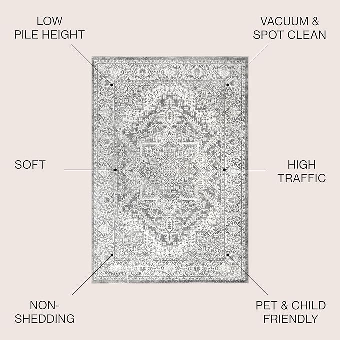 JONATHAN Y Modern Vintage Medallion Light Gray 9' Round Indoor Area Rug, Country, Floral, Easy-Cleaning for Living Room, Bedroom, Kitchen, Pet Friendly, Non-Shedding (MDP100A-9R)