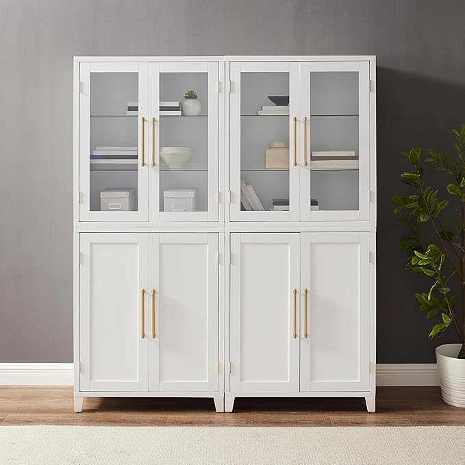 Crosley Furniture Roarke 2-Piece Glass Door China Hutch Kitchen Pantry Storage Cabinet Set, Dining Room, White