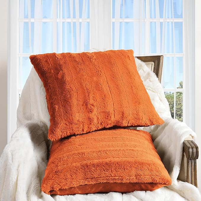 Cheer Collection Fall Decorative Throw Pillows for Couch – Set of 2 Faux Fur Fall Pillows for Couch, Cozy Fall Couch Pillows for Living Room or Bed, Soft, Rust Accent Pillows, 22"x22"