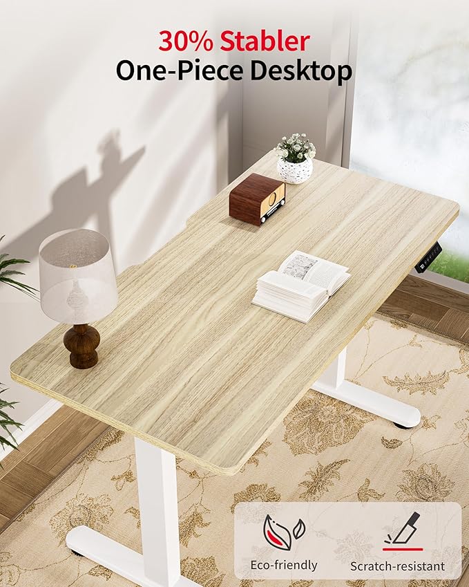 Okin Standing Desk Electric Adjustable Computer Desks, Whole Piece Stand up Desk Office Gaming Home Office Memory Desks 48x24 inches Cream Pecans